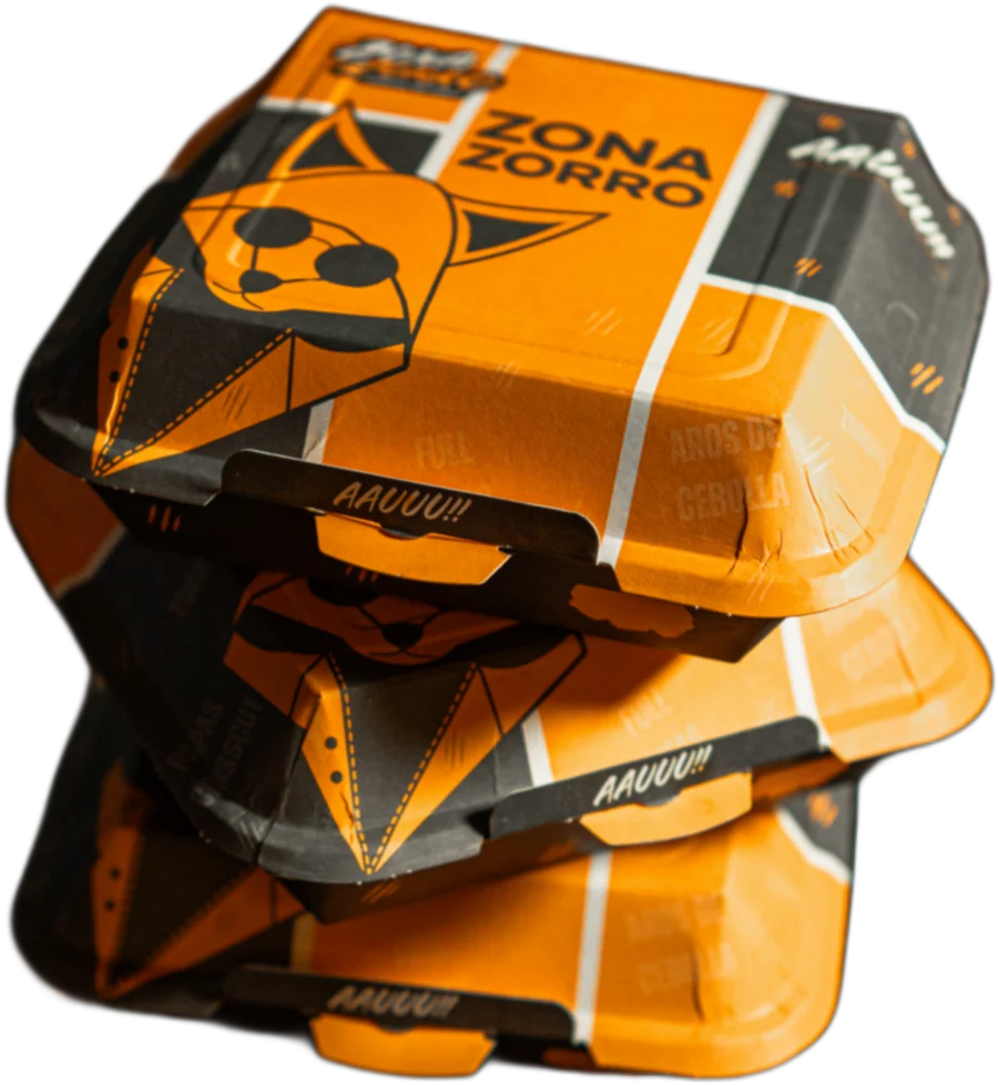 Cajas de hamburguesa apiladas con impresión personalizada Zona Zorro