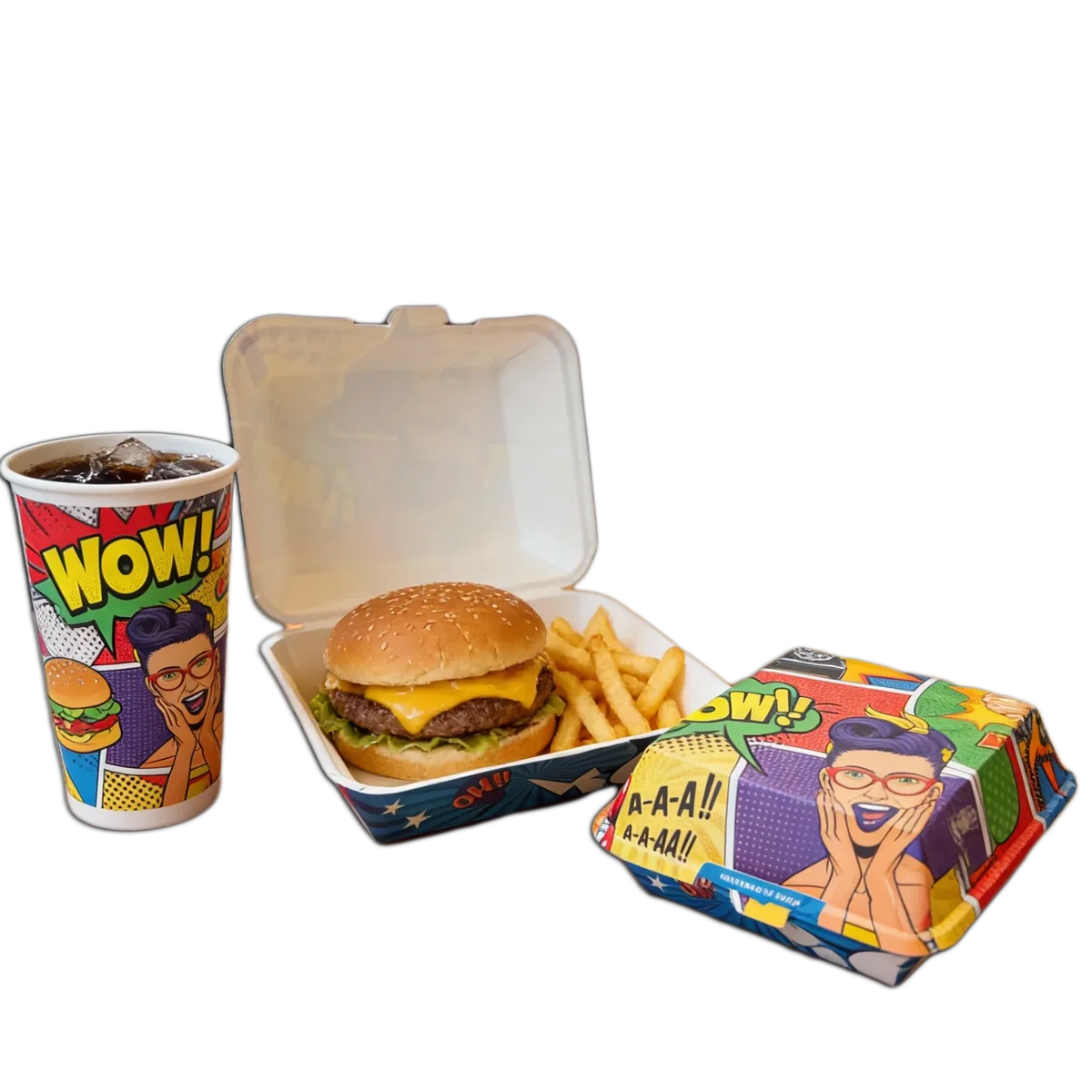 Empaques impresos por Tu Empaque: vaso, contenedor y caja de hamburguesa con diseño personalizado